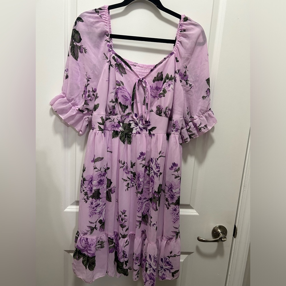 Purple Floral SHEIN Short Dress w Ruffled Puff Sleeves Women’s 1XL